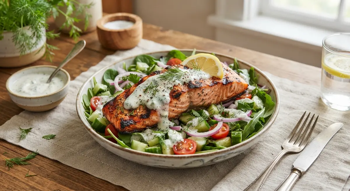 Grilled Salmon Cucumber Yogurt Lemon Salad